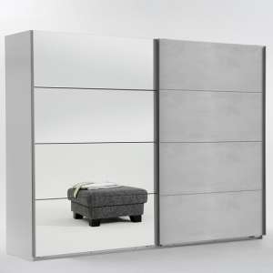 Crato Mirrored Sliding Wardrobe In White And Concrete Light Grey