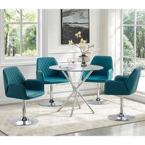 Criss Cross Glass Dining Table With 4 Bucketeer Teal Chairs