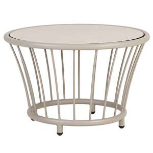 Crod Outdoor Sand Wooden Top Side Table With Beige Metal Frame