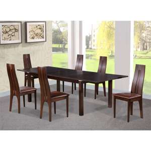 Carme Wooden Dining Set In Dark Walnut With 6 Beech Chairs