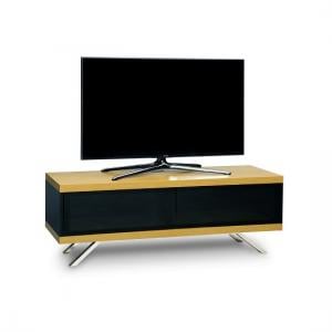 Cubic TV Stand In Black Gloss With Oak Top And Bottom Panel