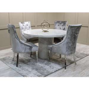 Cupric Round Gloss Marble Dining Table 4 Enmore Pewter Chairs