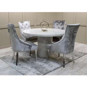 Cupric Round Gloss Marble Dining Table 4 Enmore Pewter Chairs