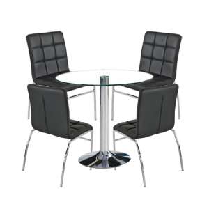 Dante Round Glass Dining Set With 4 Black PU Leather Coco Chairs
