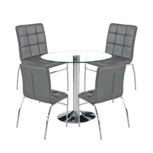 Dante Round Glass Dining Set With 4 Grey PU Leather Coco Chairs