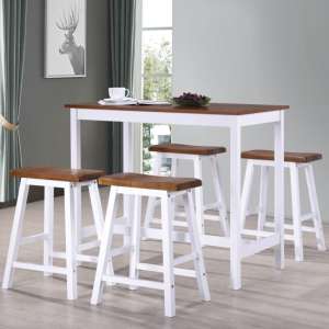 Darla Wooden Bar Table With 4 Bar Stools In Brown And White
