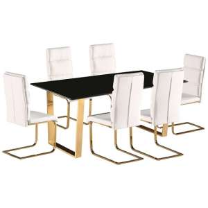 Ashwell Dining Table In Black Gloss With Six White Dining Chairs