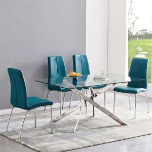 Daytona Large Round Glass Dining Table With 4 Opal Teal Chairs