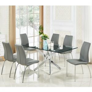 Daytona Glass Dining Table In Clear With 6 Opal Grey Chairs