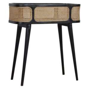 Debby Wooden Tray Side Table In Ash Black With Rattan Top