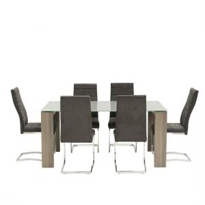 Devan Glass Dining Table Set In Grey With 6 Black Chairs
