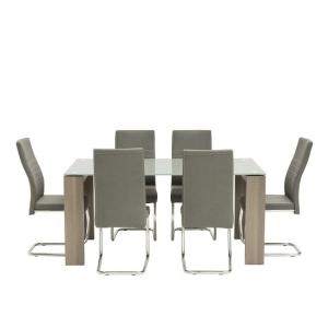 Devan Glass Dining Table Set In Grey With 6 Dining Chairs