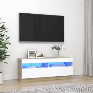Dezso Wooden TV Stand In White Sonoma Oak With LED Lights