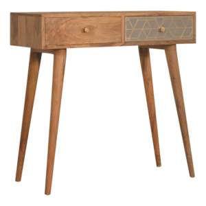 Dice Wooden Console Table In Oak Ish And Brass Cement Inlay