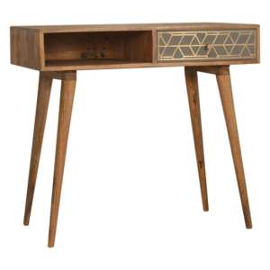 Dice Wooden Study Desk In Oak Ish And Brass Cement Inlay