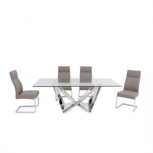 Feering Clear Glass Dining Table With 6 Darwen Taupe Chairs