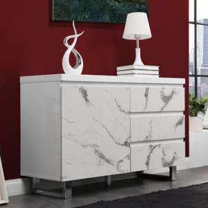 Diva Marble Effect Gloss 1 Door 3 Drawers Sideboard In White