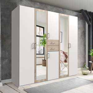Diver Mirrored Wooden Wardrobe In White And Oak