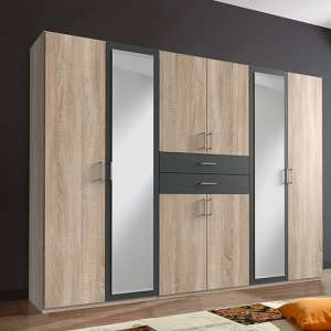 Diver Mirrored Wooden Wide Wardrobe In Oak And Graphite