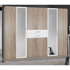 Diver Mirrored Wooden Wide Wardrobe In Oak And White
