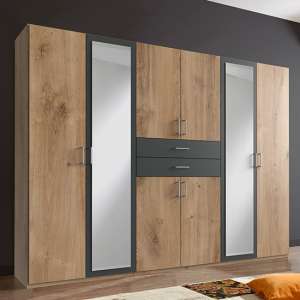 Diver Mirrored Wooden Wide Wardrobe In Planked Oak And Graphite