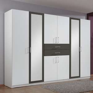 Diver Mirrored Wooden Wide Wardrobe In White And Graphite