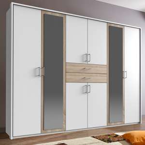 Diver Mirrored Wooden Wide Wardrobe In White And Oak