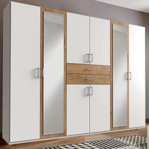 Diver Mirrored Wooden Wide Wardrobe In White And Planked Oak