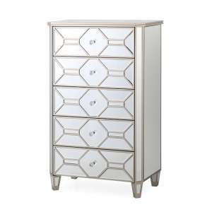 Dominga Mirrored Tall Chest Of Drawers In Silver Finish