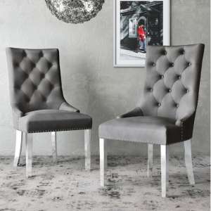 Deptford Dark Grey Velvet Fabric Dining Chairs In Pair