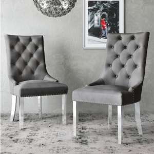 Deptford Silver Grey Velvet Fabric Dining Chairs In Pair