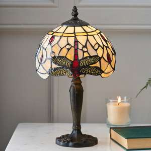 Dragonfly Beige Mini Tiffany Glass Table Lamp In Dark Bronze