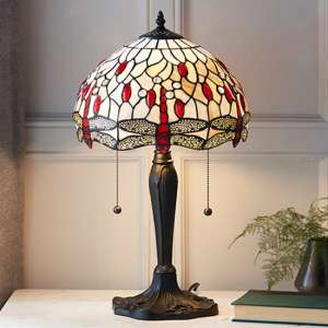 Dragonfly Beige Small Tiffany Glass Table Lamp In Dark Bronze