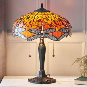 Dragonfly Flame Medium Tiffany Glass Table Lamp In Dark Bronze
