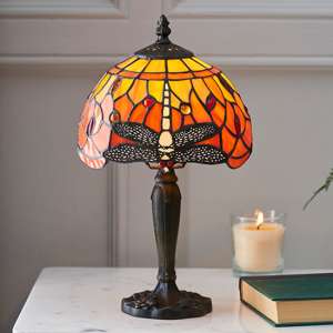 Dragonfly Flame Mini Tiffany Glass Table Lamp In Dark Bronze
