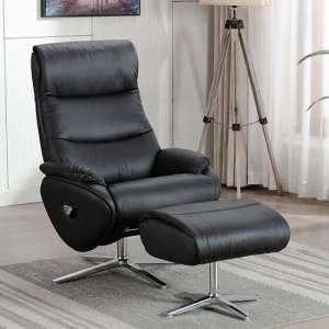 Earl Leather Match Swivel Recliner Chair And Footstool In Black