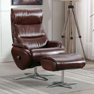 Earl Leather Match Swivel Recliner Chair And Footstool In Brown