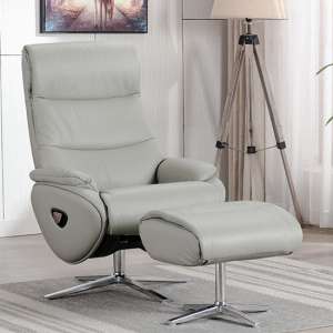 Earl Leather Match Swivel Recliner Chair And Footstool In Grey