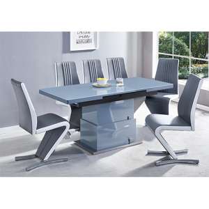 Elgin Convertible Grey Gloss Dining Table 6 Grey White Chairs