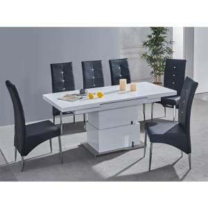 Elgin Convertible White Gloss Dining Table With 6 Black Chairs