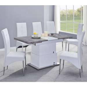 Elgin Convertible Concrete Effect Dining Table 6 White Chairs