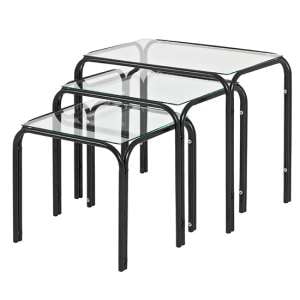 Eloy Clear Glass Nest Of 3 Tables With Black Metal Legs