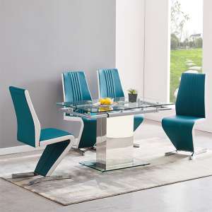 Enke Extending Glass Dining Table With 4 Gia Teal White Chairs