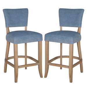 Epping Blue Velvet Bar Chairs With Wooden Legs In Pair