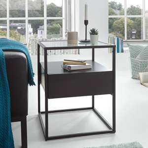 Ercolano Clear Glass Side Table With 1 Drawer In Black
