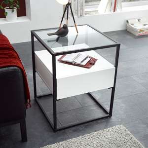 Ercolano Clear Glass Side Table With 1 Drawer In White