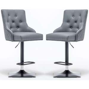 Estes Round Knocker Grey Faux Leather Bar Chairs In Pair