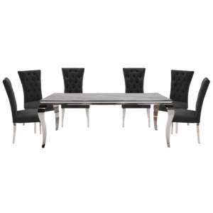 Fabien Large Glass Dining Table With 6 Pembroke Charcoal Chairs