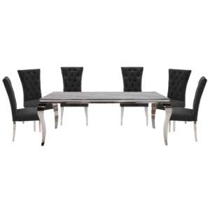 Fabien Medium Glass Dining Table With 6 Pembroke Charcoal Chairs