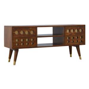 Famish Wooden Brass Inlay Cut Out TV Stand In Chestnut